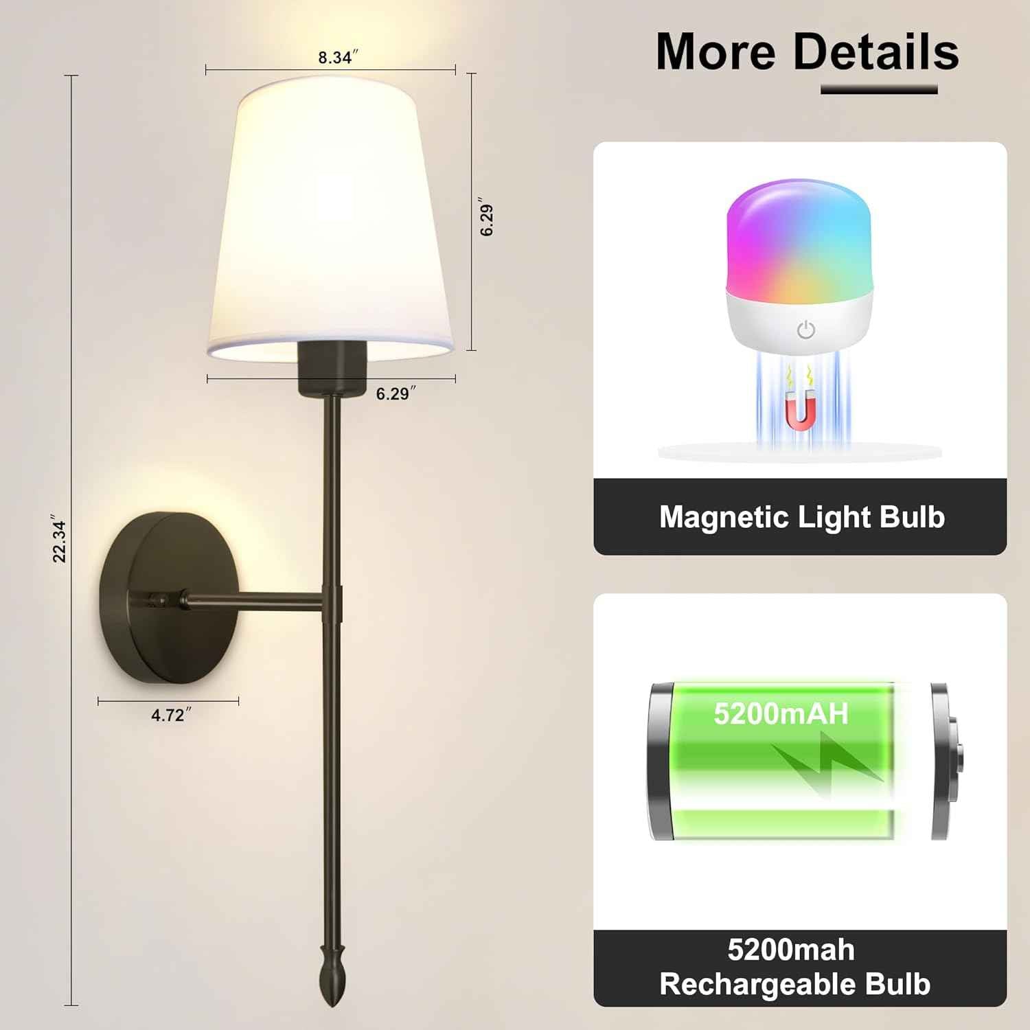 Rechargeable Gold Battery Operated Wall Sconces Set of 2 with Remote & RGB Bulbs