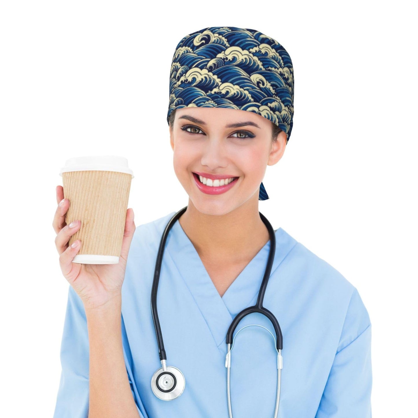 The Great Wave Off Kanagawa Japanese Working Cap for Women Men, Scrub Cap with Sweatband Adjustable, Unisex Tie Back Hat, Nurse Surgical Caps