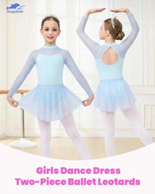 Gogokids Ballet Leotards for Girls Long Sleve Lace Dance Leotards Toddler Dance Dress with Removable Skirt Combo for 3-12 Years