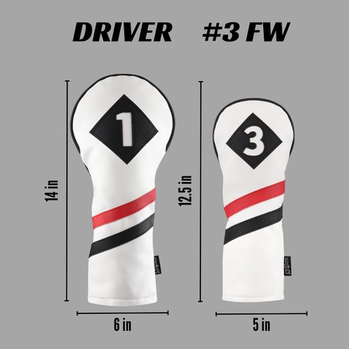 Majek Retro Golf Headcovers White Red and Black Vintage Leather Style 1 & 3 Driver and Fairway Head Cover Fits 460cc Drivers Classic Look