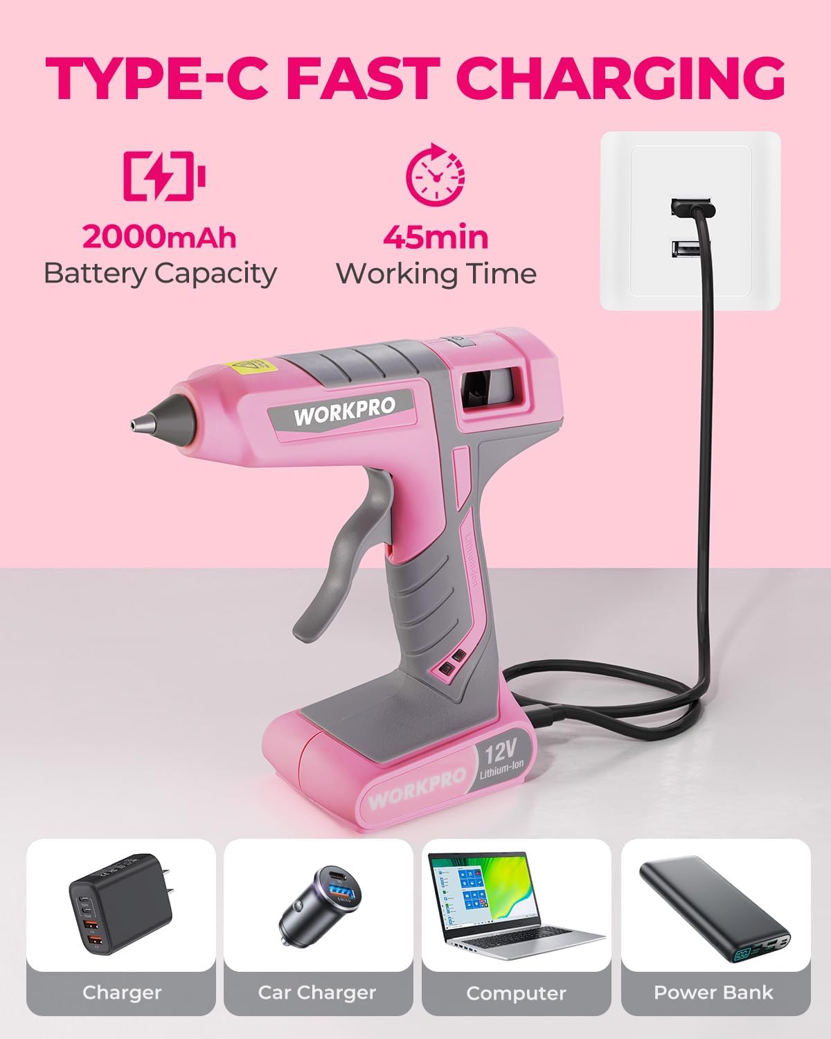WORKPRO 12V Cordless Hot Melt Glue Gun Kit with 15 Glue Sticks - Fast Preheating, Auto Power-Off for DIY Crafts - Pink Ribbon