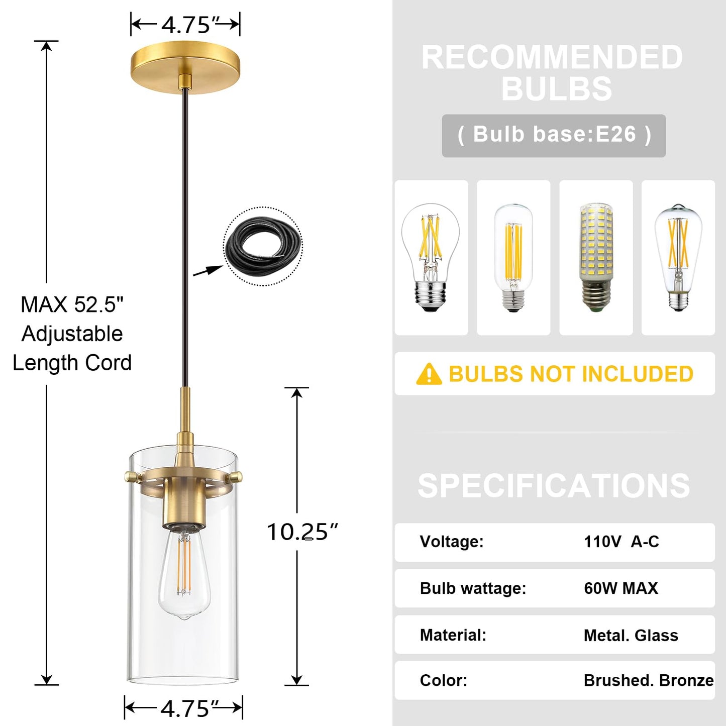 3 Pack 1 Light Hanging Kitchen Island Modern Concise Clear Glass Pendant Ceiling Light Fixture,Brushed Bronze Finish Over Sink Dining Room Bedroom Hallway,UL Listed