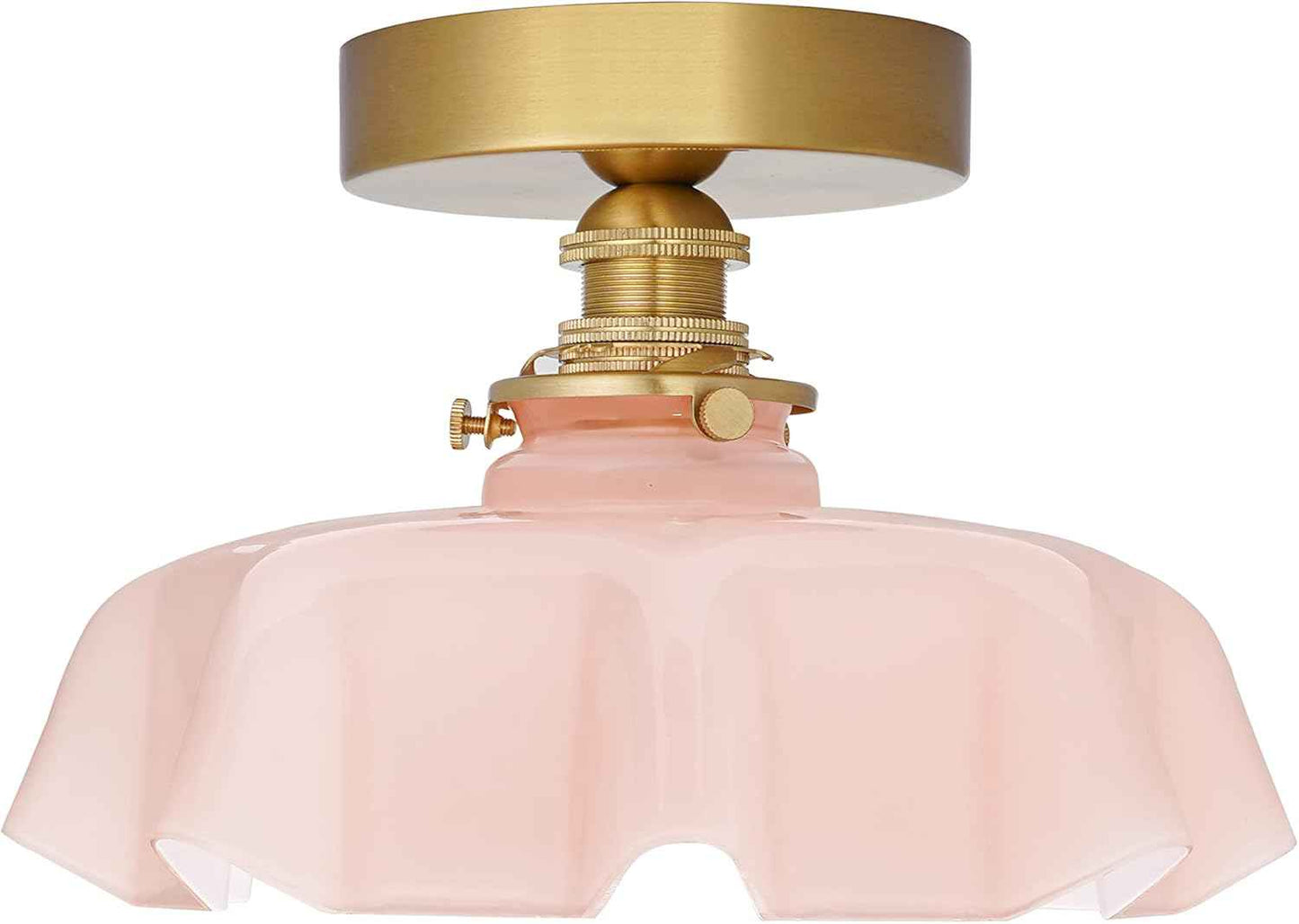 Vintage Pink Flush Mount Ceiling Light - Brass Semi-Flush Fixture with Flower Glass Shade for Small Rooms & Hallways
