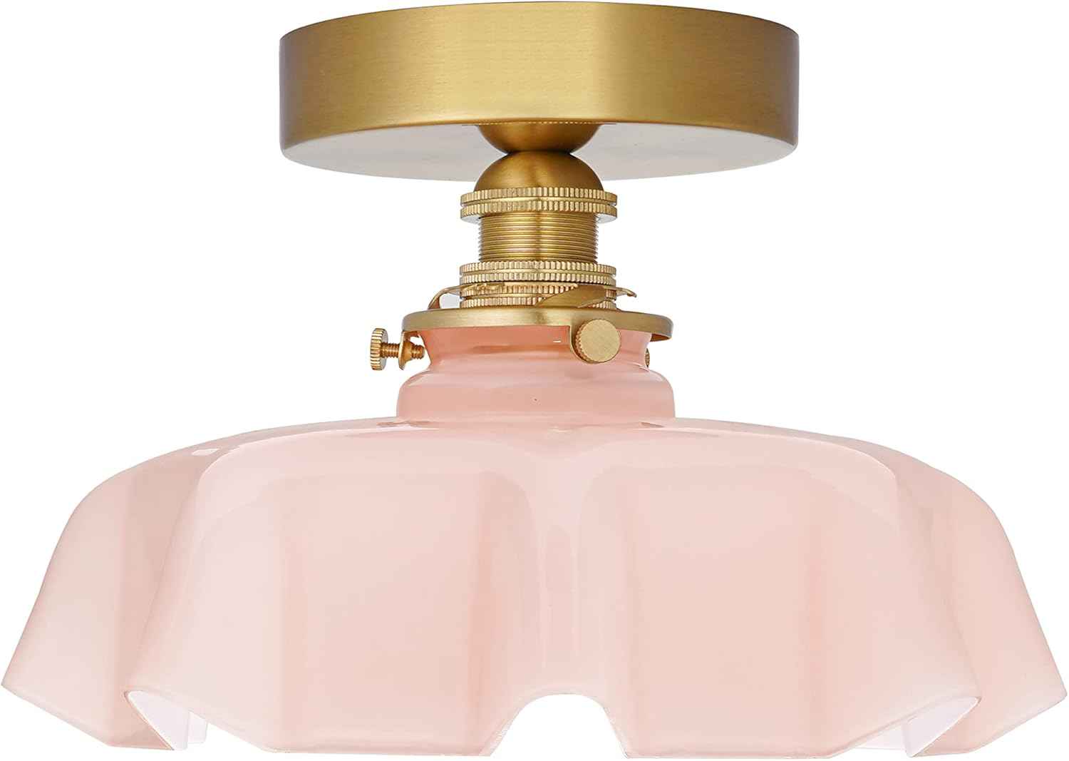 Vintage Pink Flush Mount Ceiling Light - Brass Semi-Flush Fixture with Flower Glass Shade for Small Rooms & Hallways