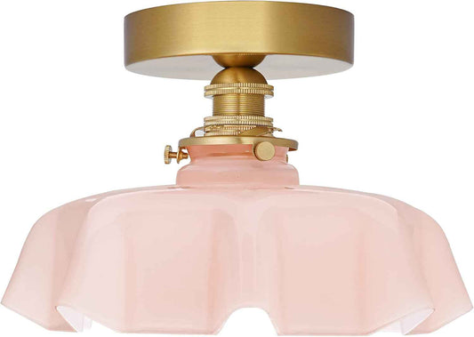 Vintage Pink Flush Mount Ceiling Light - Brass Semi-Flush Fixture with Flower Glass Shade for Small Rooms & Hallways