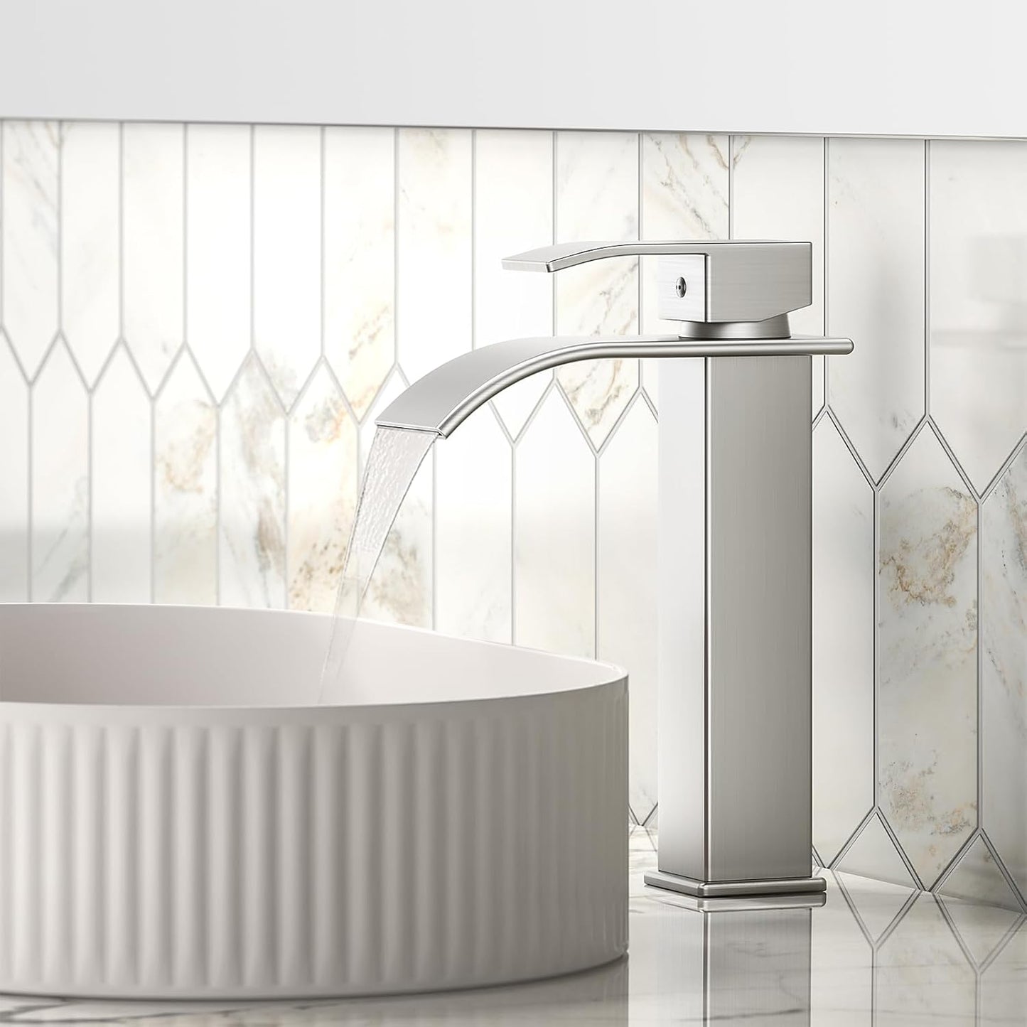 Modern Brushed Gold Bathroom Faucet with Waterfall Spout & Pop-Up Drain - Single Handle Vanity Sink Faucet