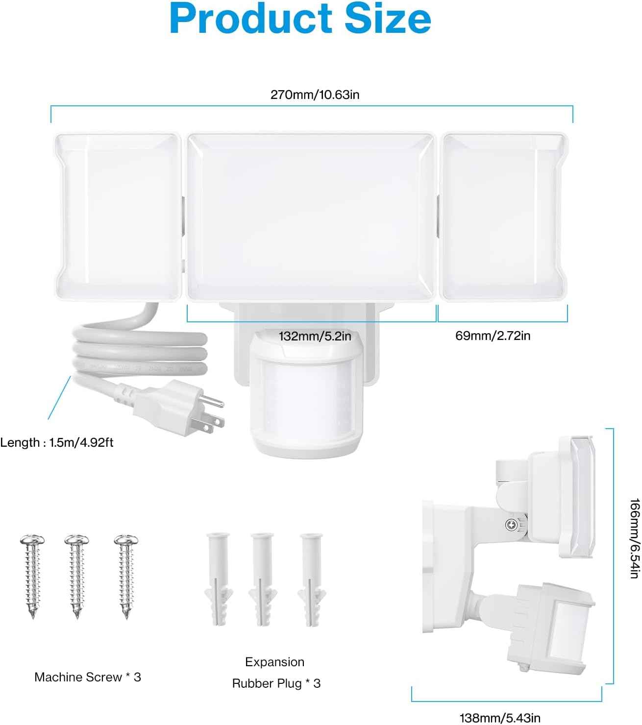 75W Motion Sensor Outdoor Flood Lights - 3 Heads, 7500LM LED Security Lighting, IP65, 6500K for Garage, Yard & Patio (2 Pack)