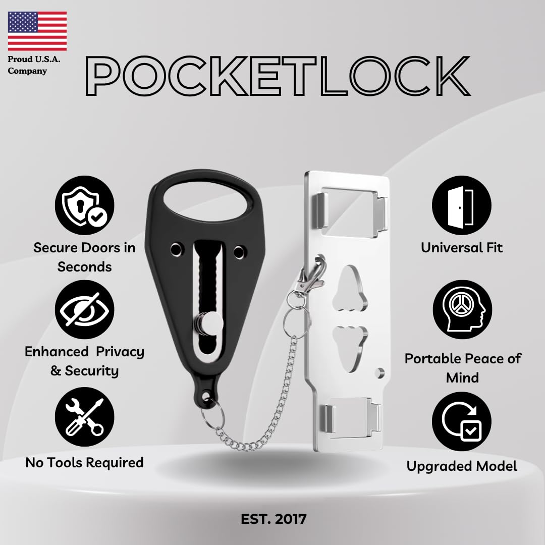 Portable Door Lock 2 Pack for Travel – Hotel Door Locks for Travelers Security – Door Safety Lock from Inside for Home & Apartment – Travel Locks for Hotel Rooms – PocketLock (Black)