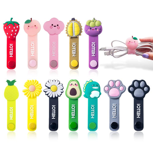 12 Pcs Reusable Cable Ties, Cute Cartoon Flower Fruit Animal Cord Ties for Office, Homeroom, School, Computer, Travel Items, Traveling USB Charger Electrical Cord Keeper