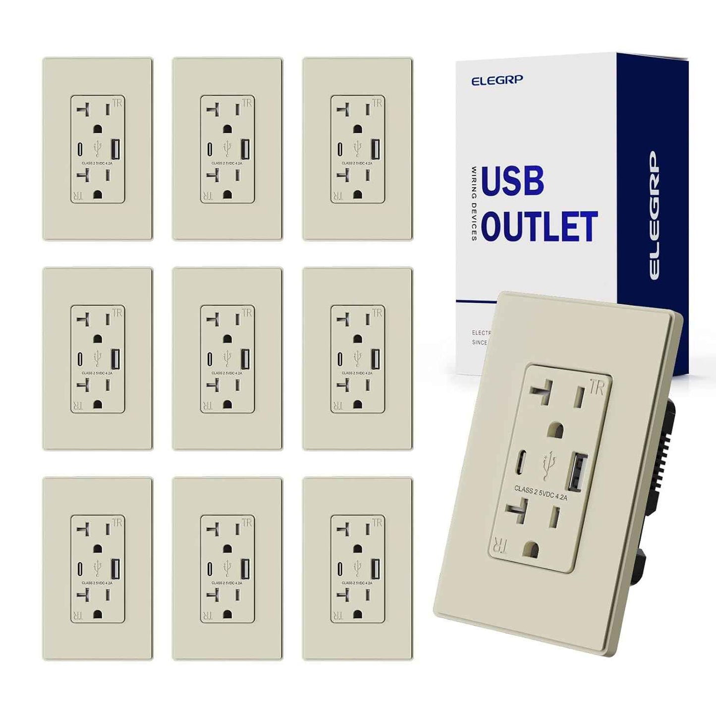 USB Wall Charger Outlet with A & C Ports - 15A Tamper Resistant, UL Listed, 6 Pack, Light Almond