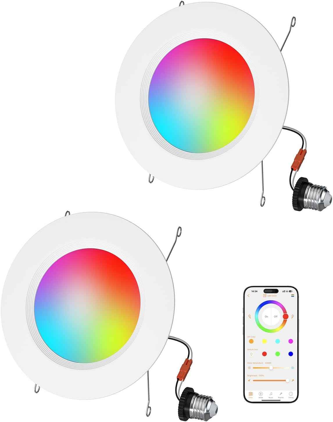 Smart RGB LED Recessed Lighting 6 Inch - Bluetooth Can Lights, 13W Color Changing, Alexa Compatible, 6-Pack for Bedroom, Living Room, Kitchen