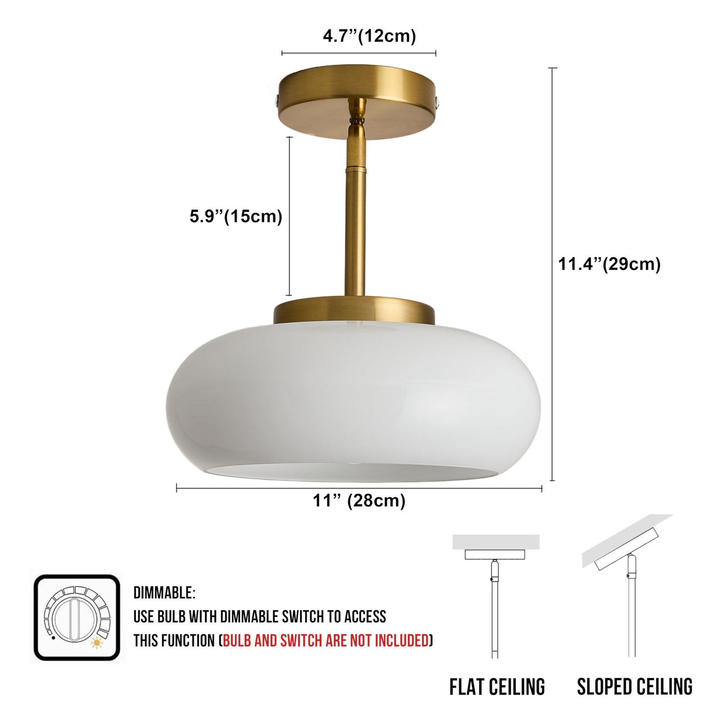 FCTWAKS 11" Modern Gold Semi Flush Mount Ceiling Light with Milk White Glass Shade, Mid Century Light Fixture for Hallway, Entryway, Dining Room, Kitchen
