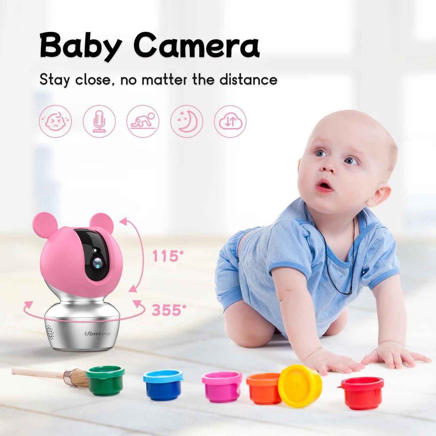 VIMTAG 2.5K Indoor Security Camera with 360° Pan & 2-Way Audio - Pet & Baby Monitor with AI Detection & Night Vision
