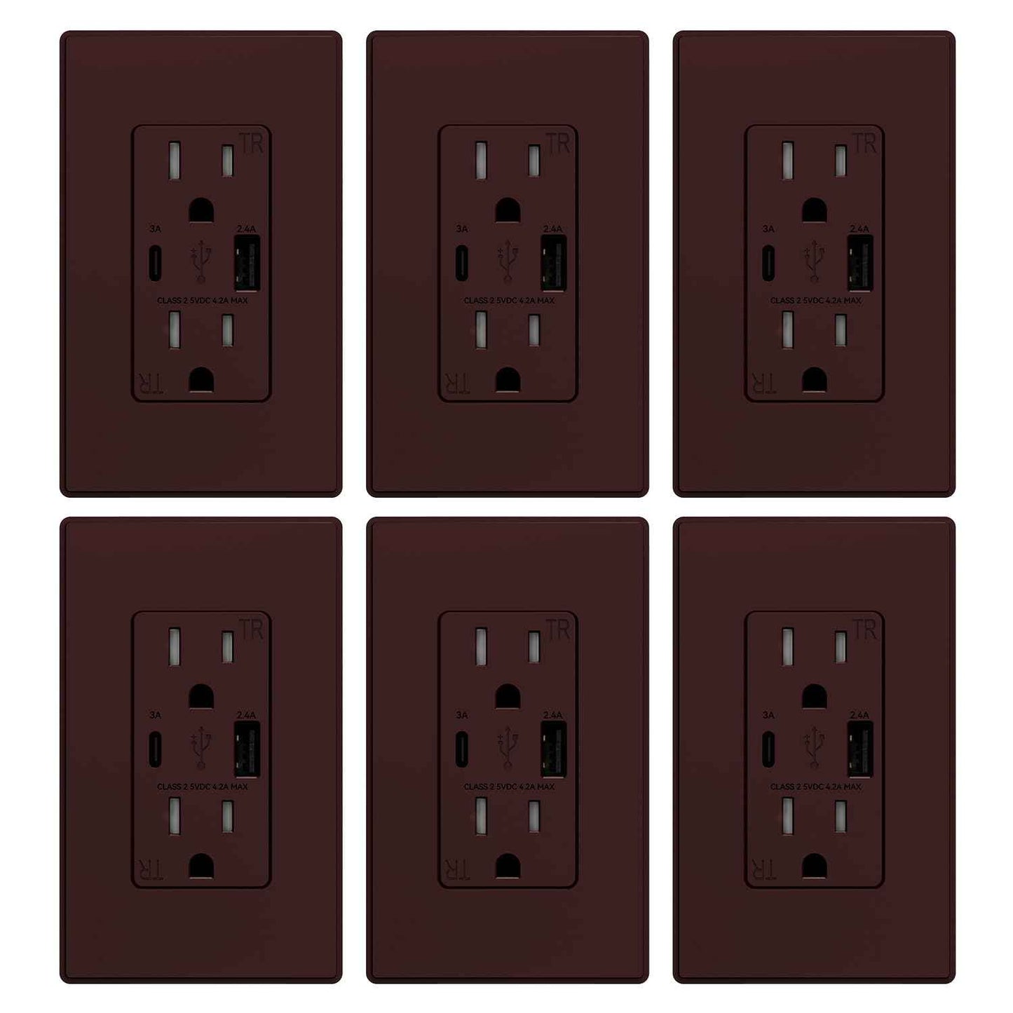 USB Wall Charger Outlet with A & C Ports - 15A Tamper Resistant, UL Listed, 6 Pack, Light Almond