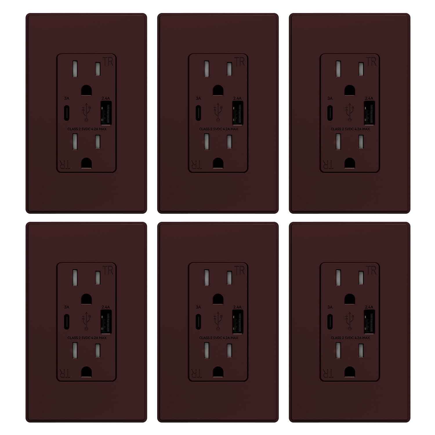 USB Wall Charger Outlet with A & C Ports - 15A Tamper Resistant, UL Listed, 6 Pack, Light Almond