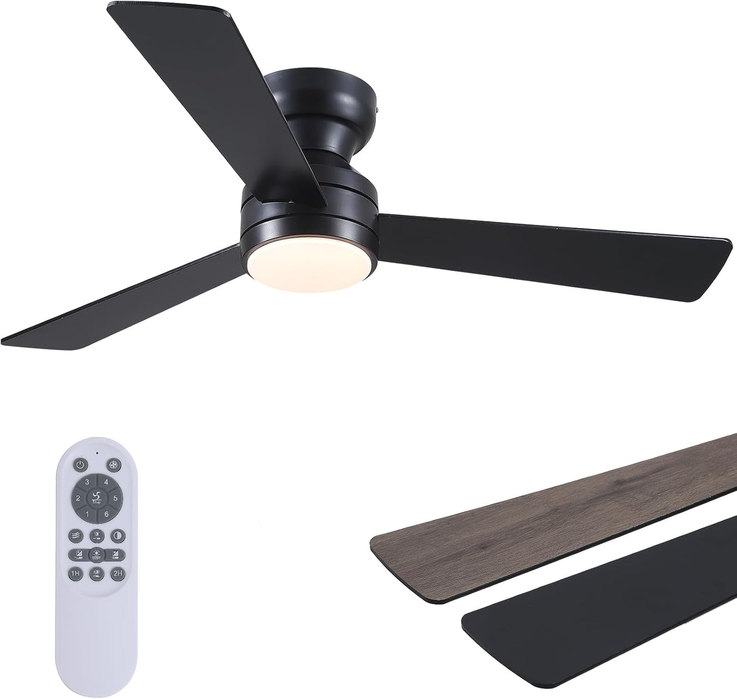 46” Black Low Profile Ceiling Fan with Lights & Remote Control - Dimmable, Noiseless, Reversible for Bedroom