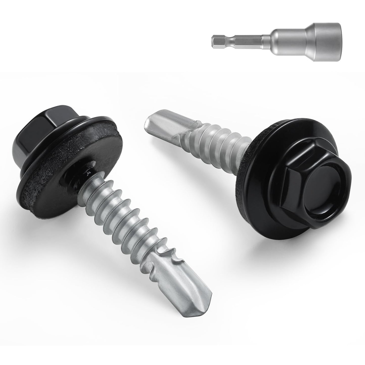 BNUOK #10 x 1 in Self-Drilling Metal Roofing Screws,Sheet Metal Roof Screw,EPDM Washer,Black Hex Head,with Hex Driver Bit(1LBs,85Pcs)