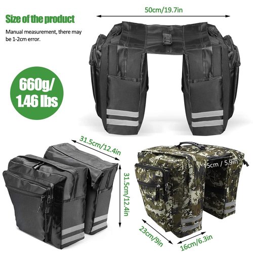 KLERICER Double Bike Pannier Bag, 30L Waterproof Bicycle Trunk Bag with Rain Cover, Bike Panniers Rear Rack Bag with Reflective Stripe, Multi Pockets Saddle Bags for Bicycle (Black)