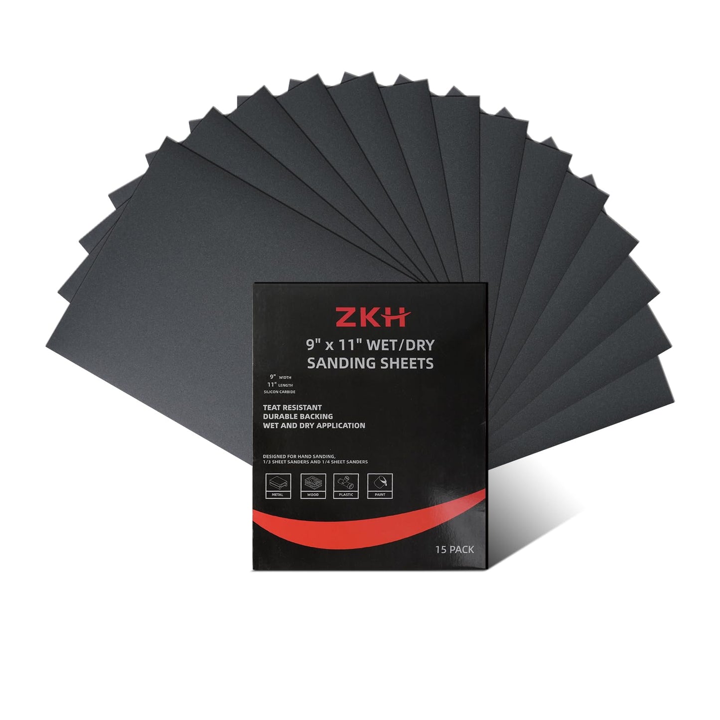 ZKH Sand Paper, 320 Grit Sandpaper Sheets, 15 Packs of 9'' x 11'' Wet Sanding Paper for Wood Furniture, Metal, Plastic, Paint