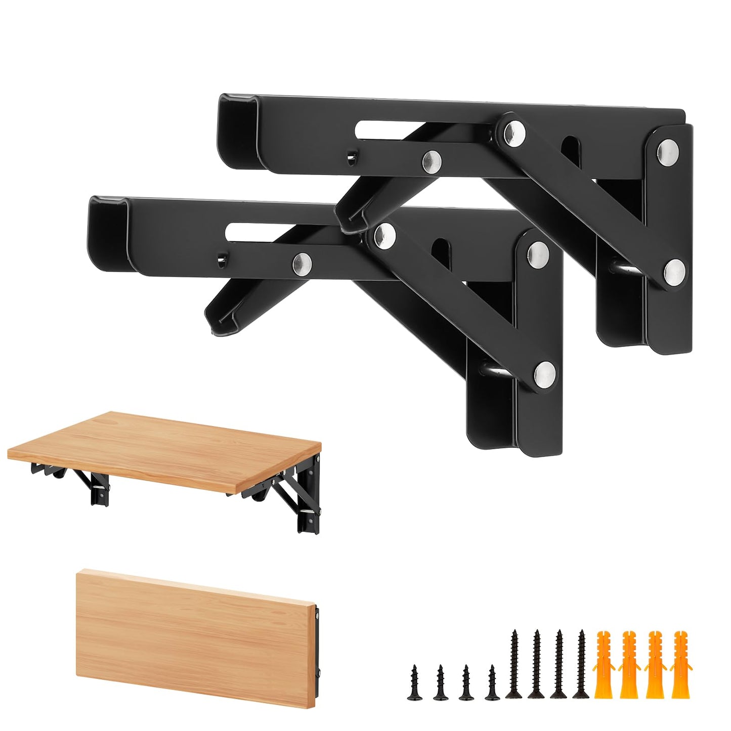 Home Expert 6 Inch Folding Shelf Brackets, 2 Pack (1 Pairs) Heavy Duty Metal Collapsible Wall-Mounted Brackets, Space-Saving DIY Foldable Shelf for Benches and Tables, Matte Black