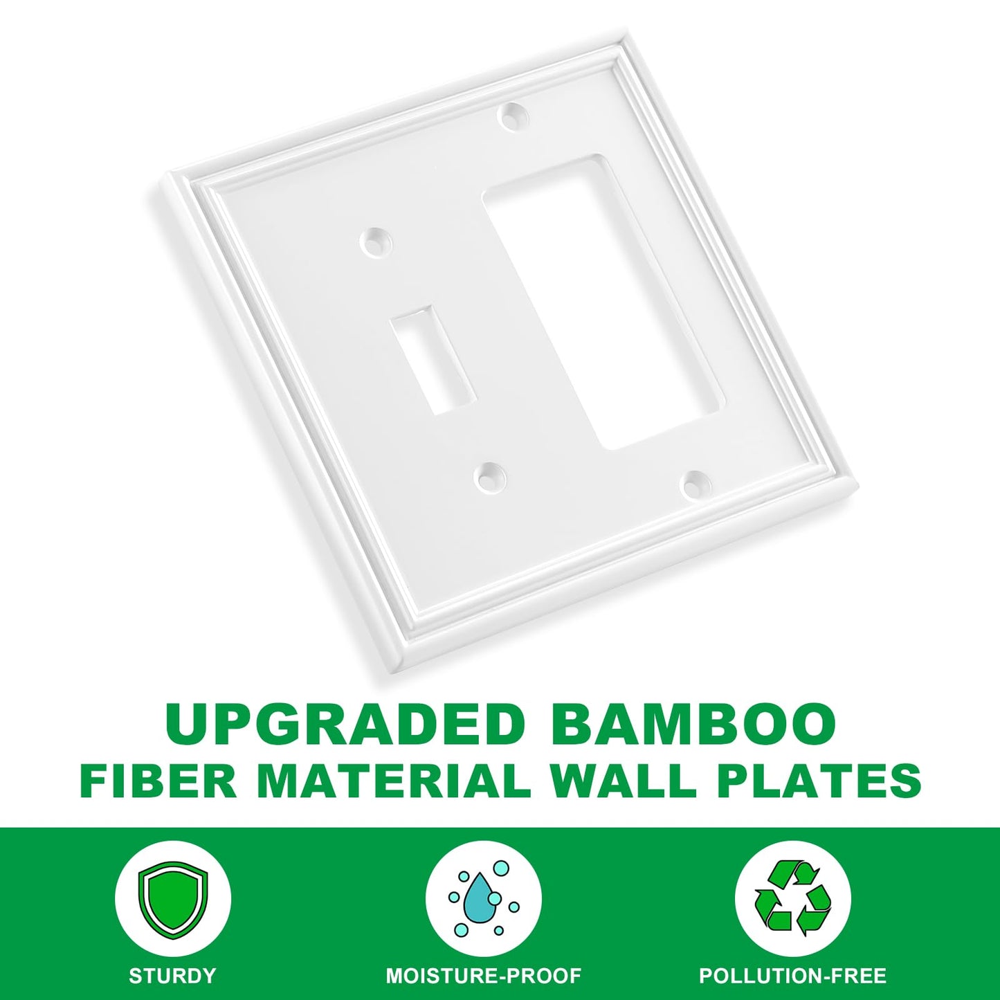 White Modern Decorative Wall Plate Light Switch Cover Decorator Outlet Covers Rocker Switch Plates Bamboo Fiber Material Wall Plates for Kitchen Bathroom (2 Gang Toggle/Decorator-2 Pack)