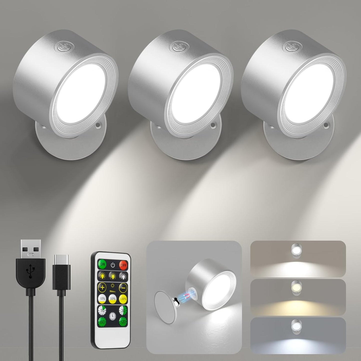 Rechargeable LED Wall Mounted Lights - 3 Pack with Remote, Dimmable & 360° Rotation for Bedroom