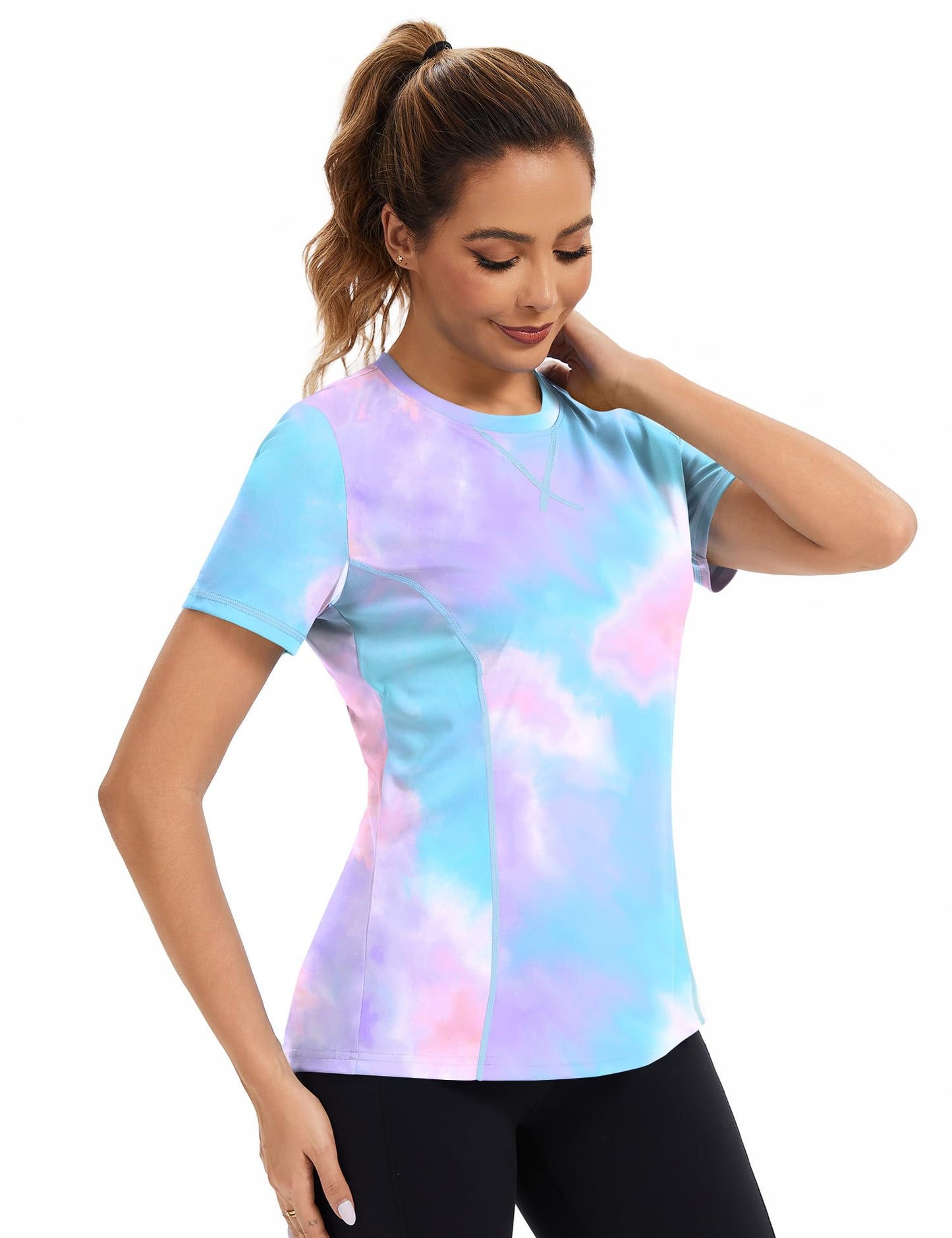Avoogue Short Sleeve Workout Tops for Women Athletic UPF 50+ UV Protection Shirts Rashguard Pilates Gym Shirts(Colorful Tie Dye,L)