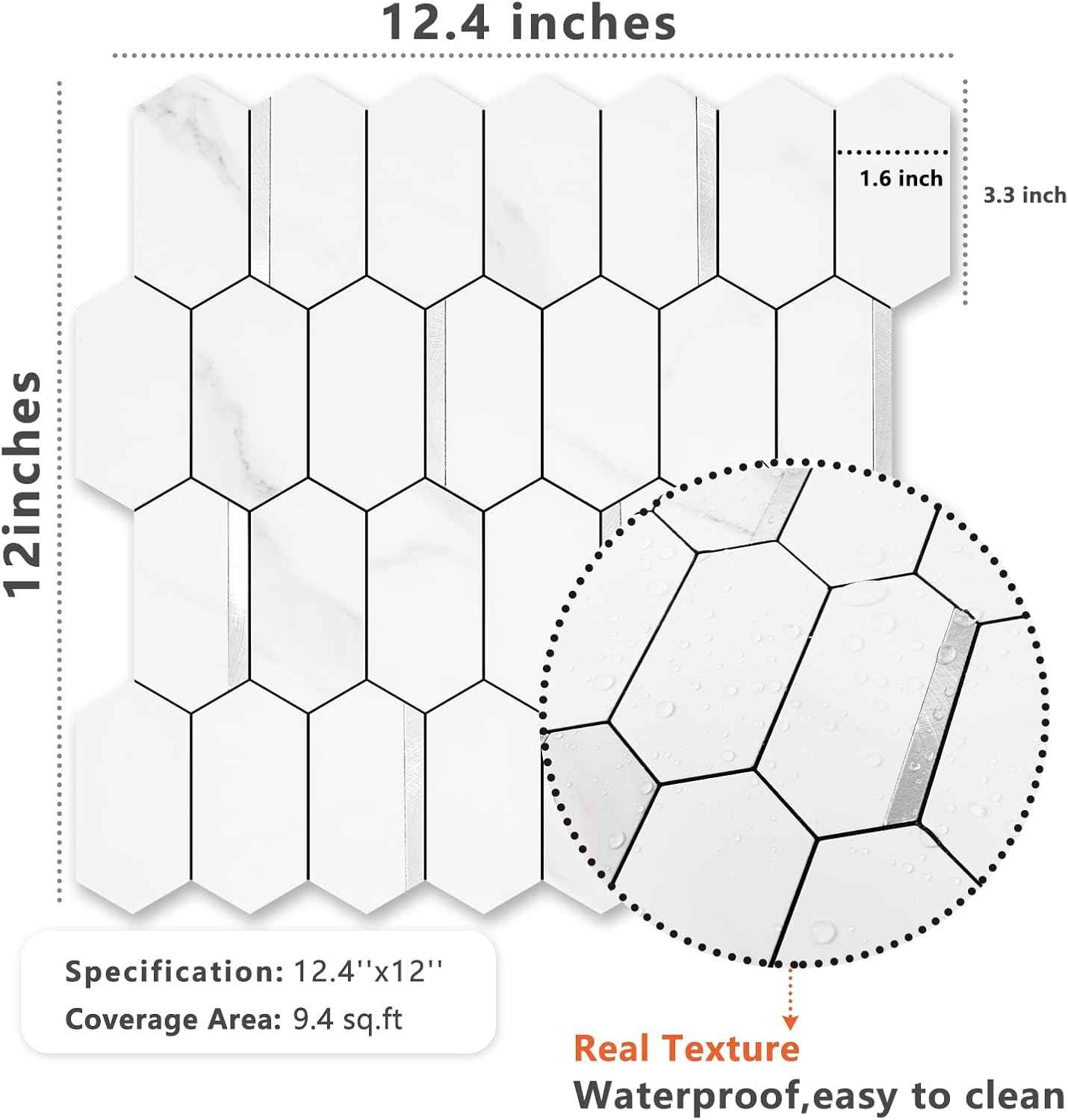 Glossy Wood Grain Peel and Stick Backsplash Tile - 10 Sheets Hexagon Mosaic for Kitchen & Bathroom, 12.4 x 12 Inch
