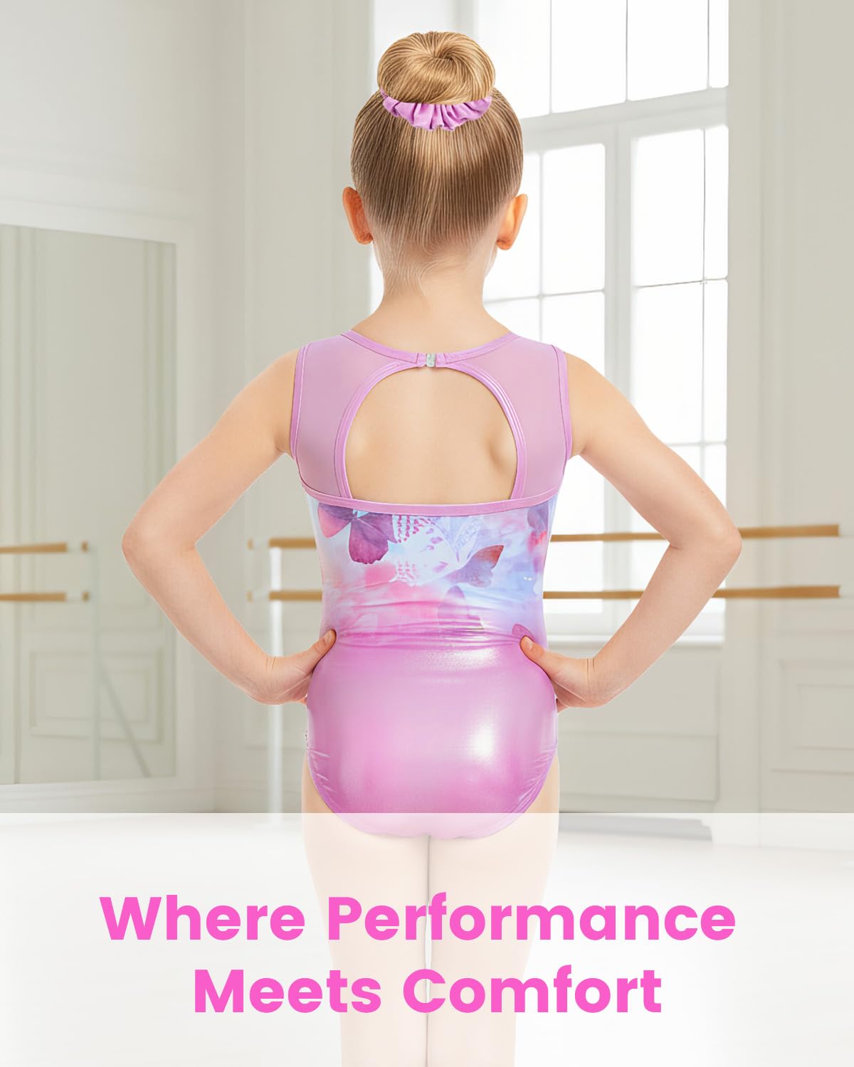 Gogokids Gymnastics Leotards for Girls Sparkly Rhinestone Mesh Cutout Back Dance Unitards Biketards with Shorts Activewear, Pink, 5-6 Years