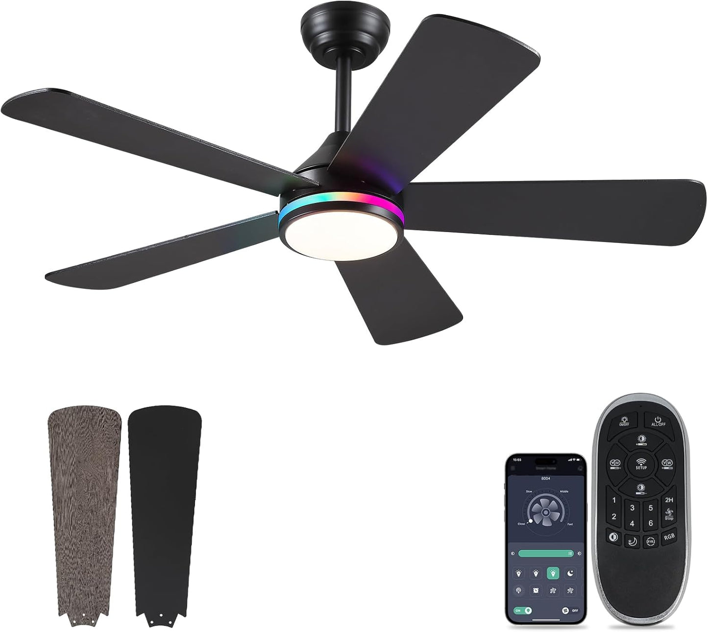 46” Black Low Profile Ceiling Fan with Lights & Remote Control - Dimmable, Noiseless, Reversible for Bedroom