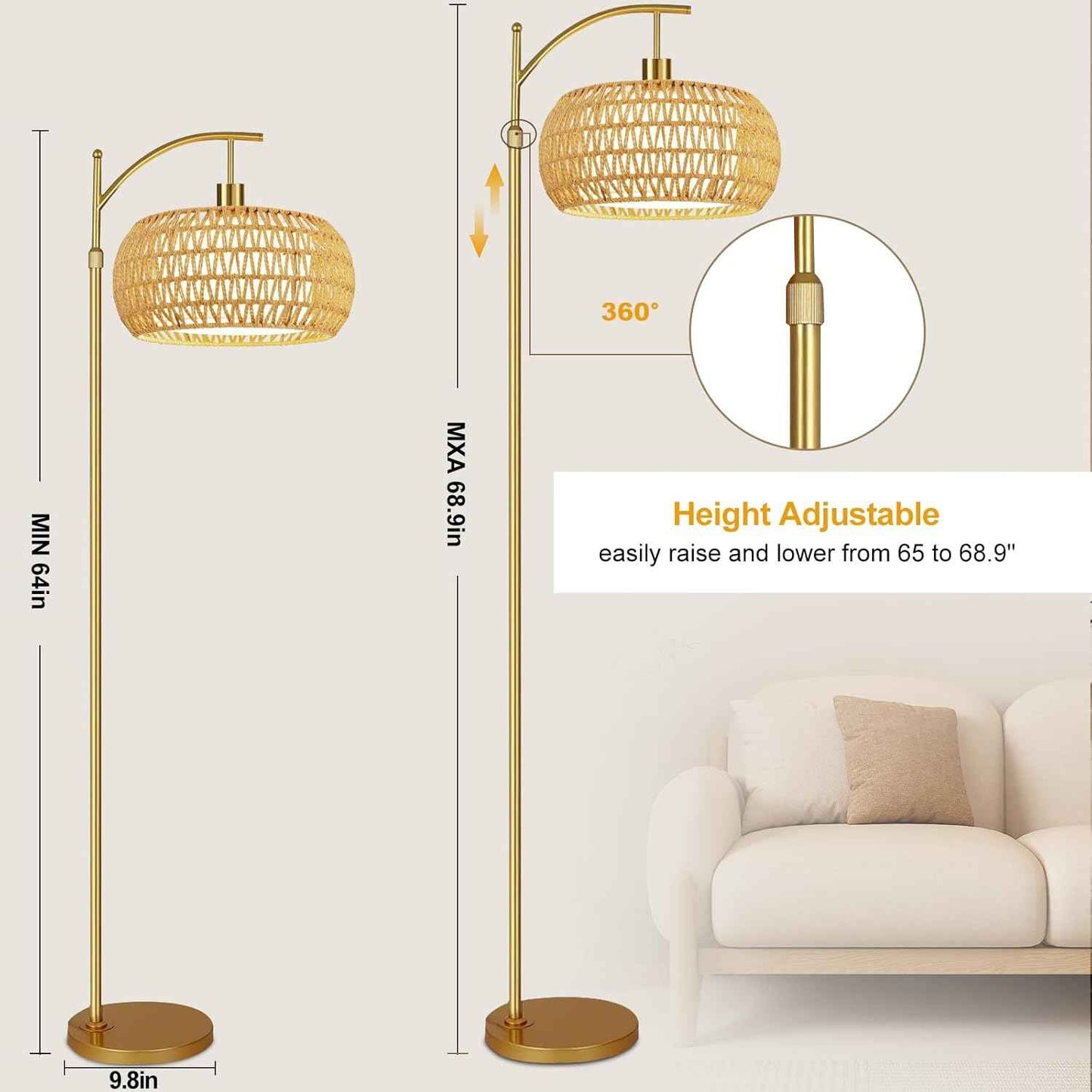 Boho Gold Floor Lamp with Remote Control | Dimmable Rattan & Wicker Design for Living Room