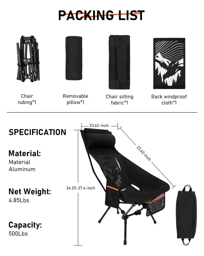 NOVSIGHT Camping Chairs - High Back Camping Chair with Adjustable Headrest and Feet, Lightweight Aluminum Frame, Breathable Mesh Folding Portable Camp Chair for Outdoor Hiking, Beach, Picnic