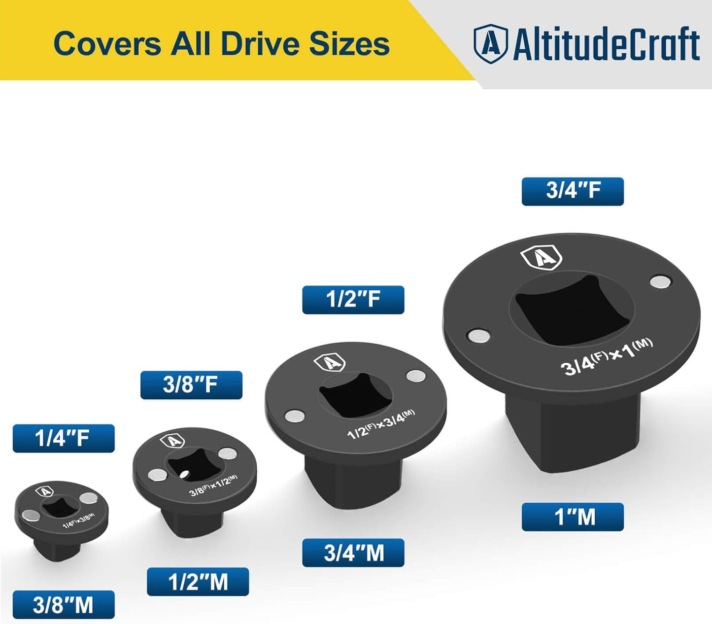 Low Profile Impact Socket Adapter Set - 4PC Drive Ratchet Adapters for Tight Spaces, 3/8" to 1/2", 1/4" to 3/8", 3/4" to 1", 1/2" to 3/4"