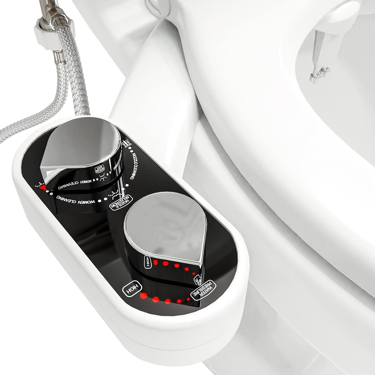 Non-Electric CLEAR REAR Bidet Attachment for Toilet - Self-Cleaning Dual Nozzle, Adjustable Pressure, White