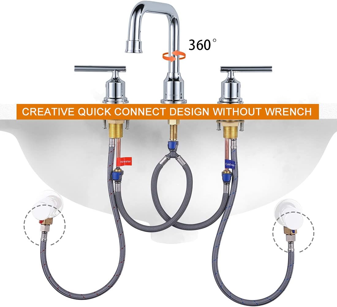 Brushed Nickel 8-Inch Widespread Bathroom Faucet with 360° Swivel Spout - Modern 2 Handle Lavatory Sink Fixture