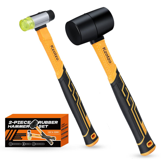2-Piece Rubber Mallet Hammer Set, 8oz Rubber Hammer Mallet & 25mm Double-Faced Soft Mallet, Shockproof Fiberglass Handle with Cushion Grip, Damage-Free to Floor, Tile, Crafts