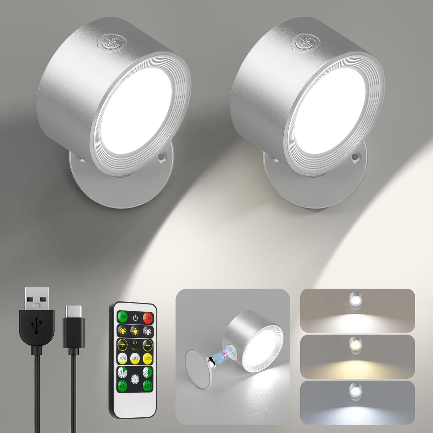 Rechargeable LED Wall Mounted Lights - 3 Pack with Remote, Dimmable & 360° Rotation for Bedroom