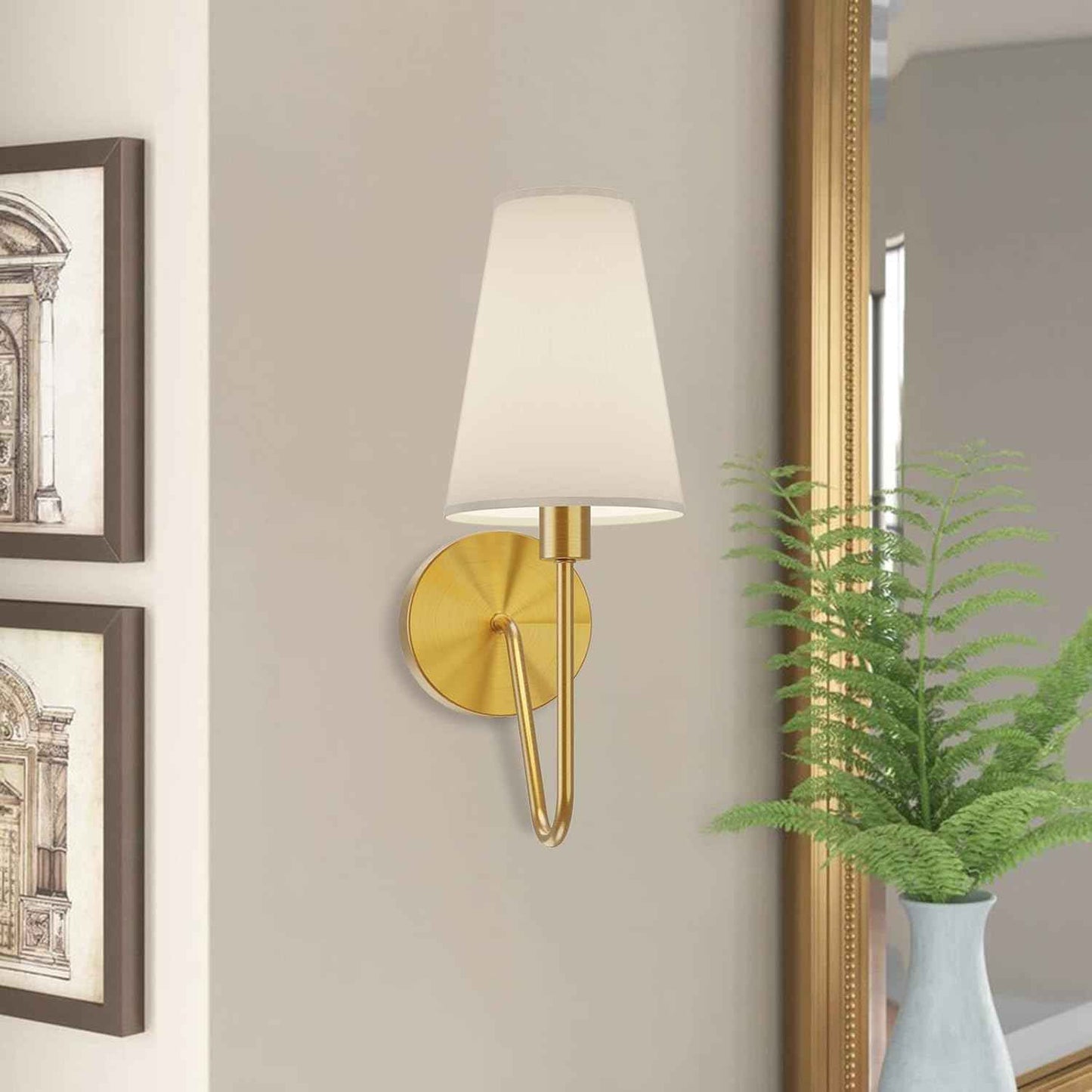 Gold Wall Sconce Lighting Fixture - Set of 2 Classic E12 Hardwired Lamps with Cream Shades