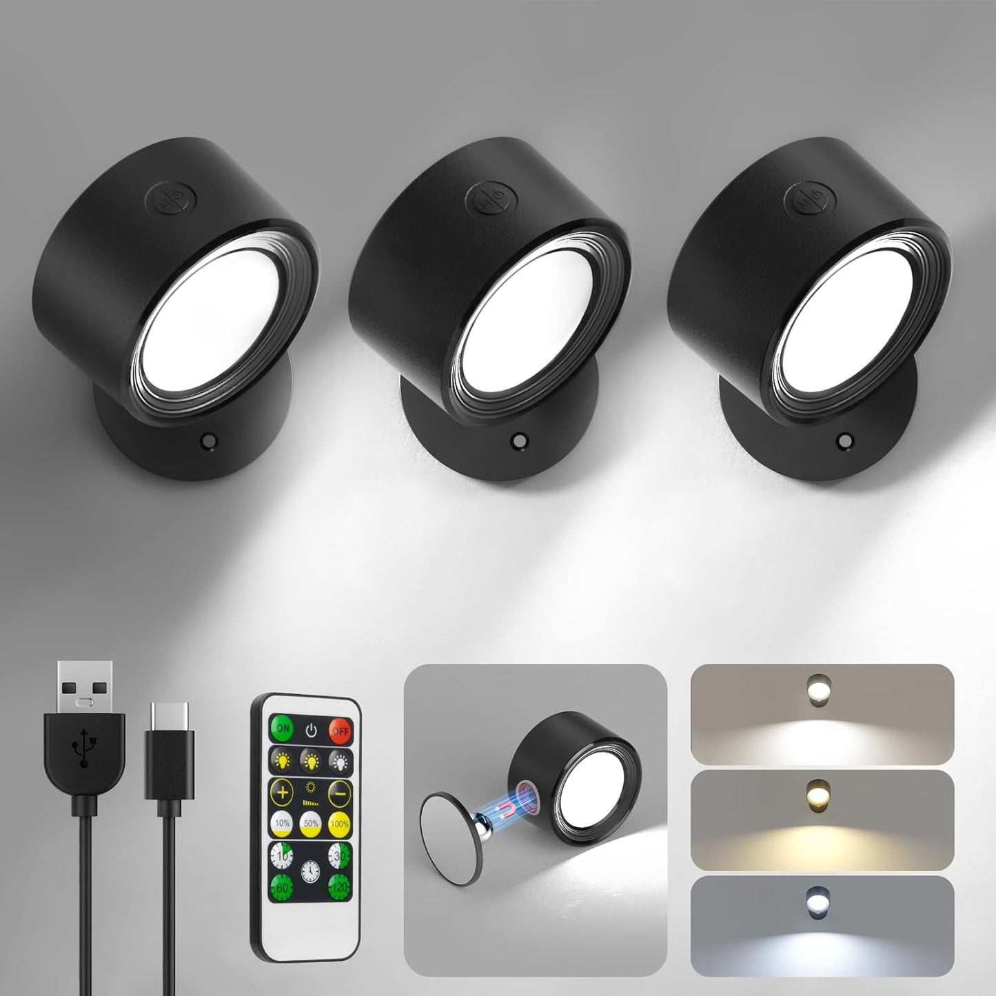 Rechargeable LED Wall Mounted Lights - 3 Pack with Remote, Dimmable & 360° Rotation for Bedroom