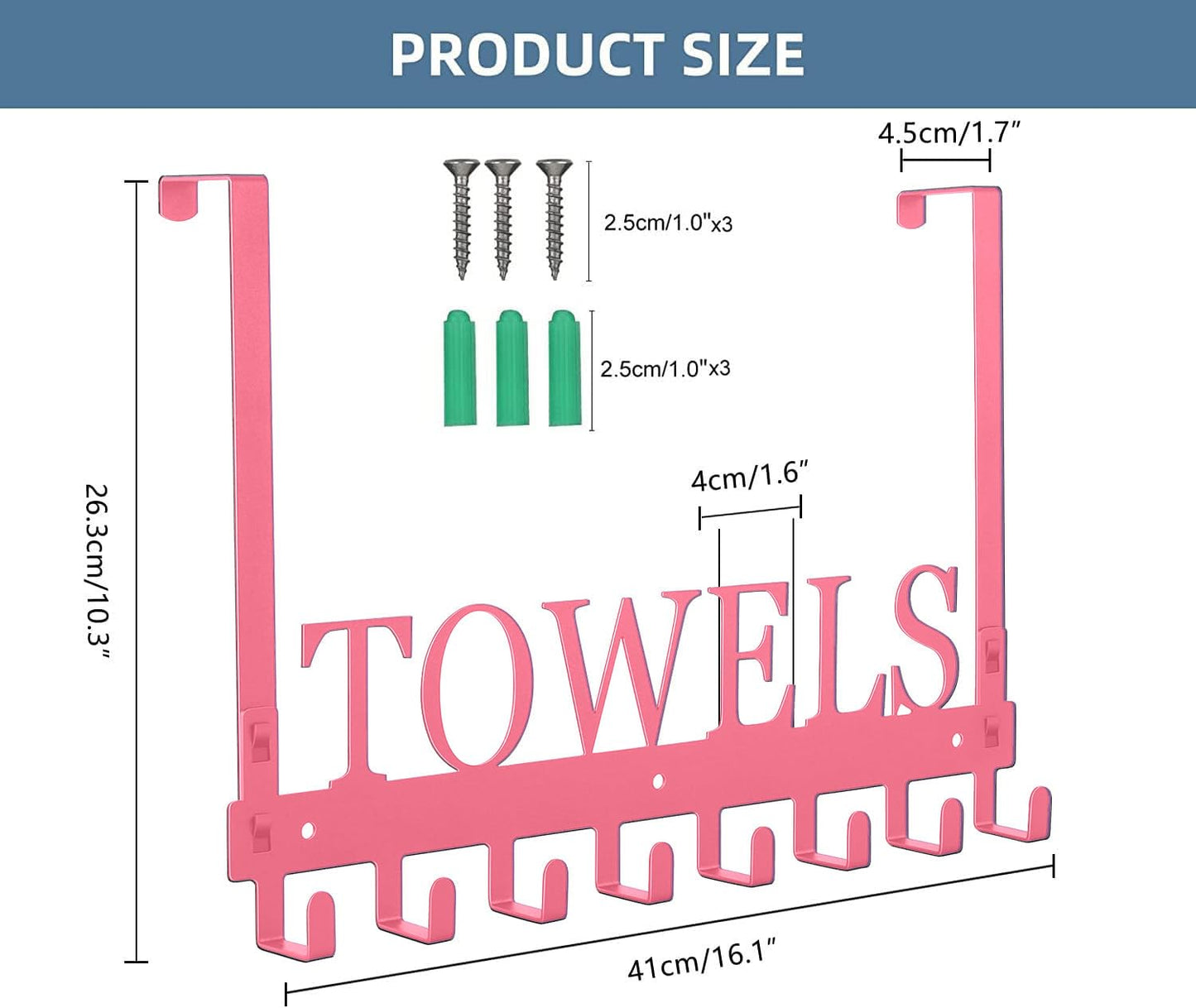 Azmoncy Over The Door Hooks - Wall Mount Towel Hanger with 8 Hooks for Bedroom Bathroom Pool Kitchen Towels, Bag, Coats - Pink