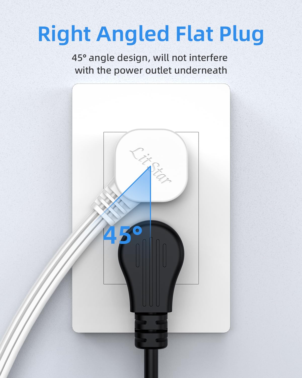 Flat Plug Extension Cord with 3 Outlets - 6 ft White Low Profile Indoor 3 Prong Grounded Power Strip for Home Office & Travel - 16/3 AWG, 13A/1625W