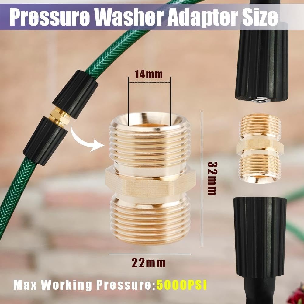 Yakamoz 4Pcs Pressure Washer Hose Adapter, M22-14mm Male Coupler 5000PSI Power Washer Hose Connector Extension Fittings, Heavy Duty Brass, Leak-Free Design