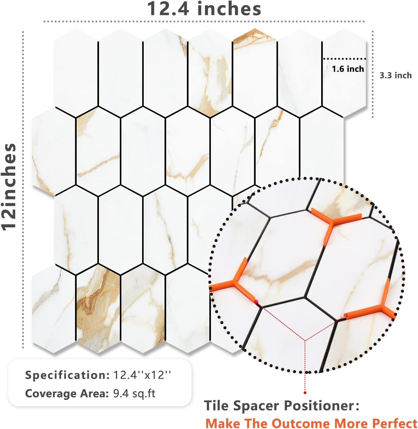 Glossy Wood Grain Peel and Stick Backsplash Tile - 10 Sheets Hexagon Mosaic for Kitchen & Bathroom, 12.4 x 12 Inch