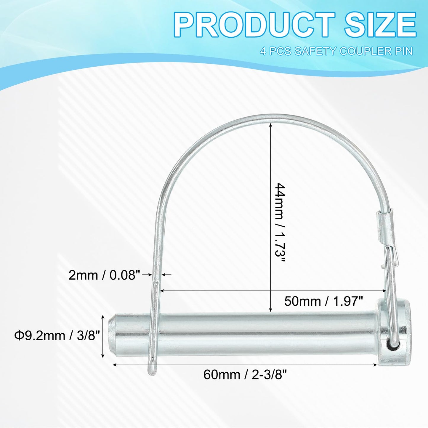 PATIKIL Trailer Coupler Pin 3/8x2-3/8x1.97"(D*L*IW), 4 Pcs Wire Lock Pin Safety Shaft Locking Pin Round Pto Pins for Farm Trailers Lawn Hitches Garden Tractor Kayak Boat (9.2x60x50mm)