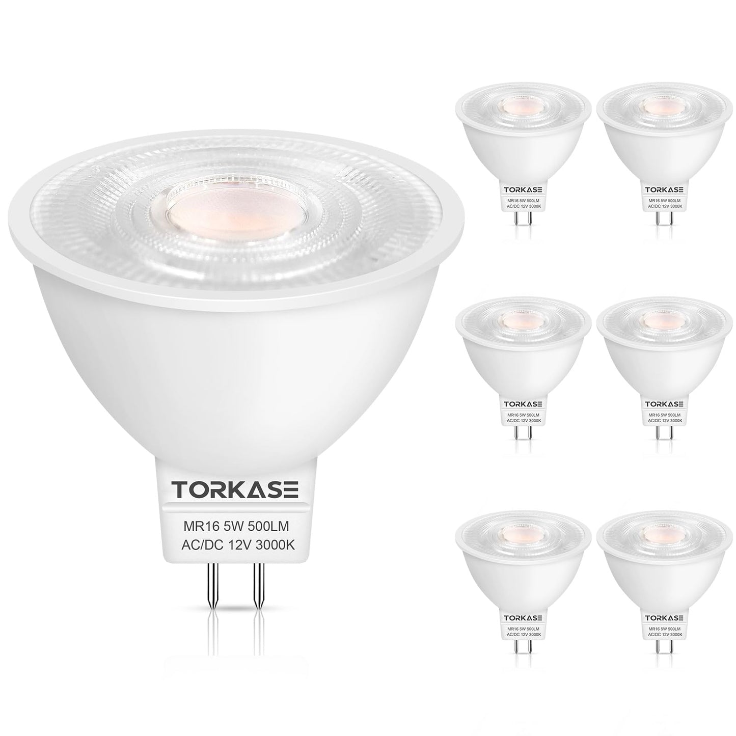 Torkase MR16 LED Bulbs Dimmable 6 Pack, 50W Halogen Equivalent, 5W GU5.3 12V Spotlight, 3000K Soft White, 500LM, 40° Beam Angle, UL Listed, Eye-Friendly, for Landscape, Recessed, and Track Lighting