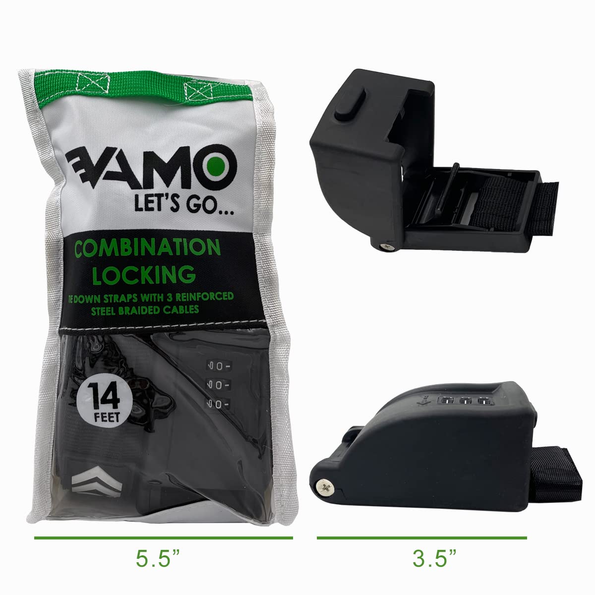 Vamo Premium Combination Locking Tie Downs with 3 Stainless Steel Cables 'No Scratch' Silicone Buckle Surf or SUP Tie Down Straps for Surfboards, Paddle Boards, Kayaks and Canoes (Two Pack) (14')