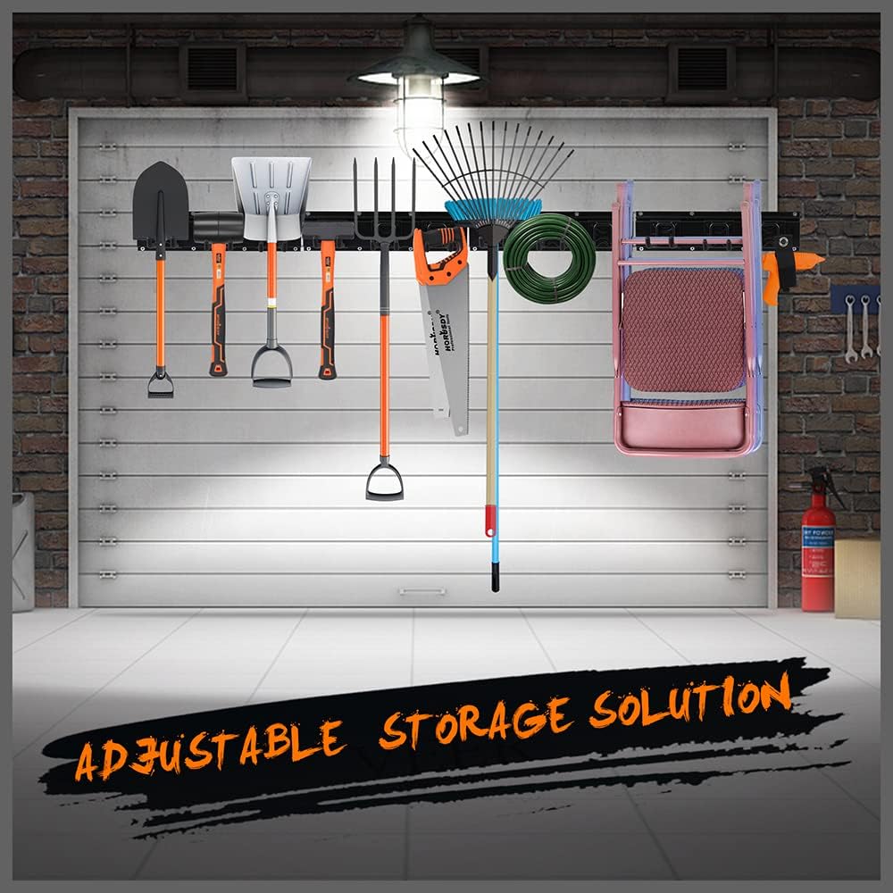 Heavy Duty Garage Organization Rack - 64-Inch Tool Storage with 600LB Capacity, 4 Rails & 9 Adjustable Hooks