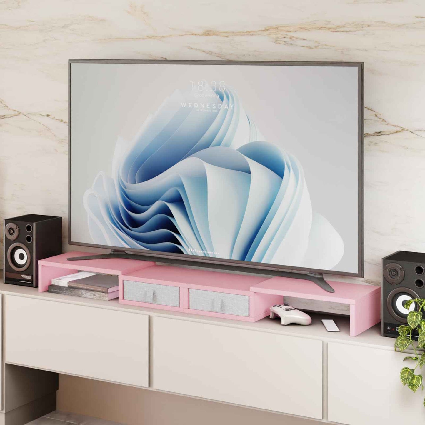 TEAMIX Pink Dual Monitor Stand Riser with 2 Drawers - Length and Angle Adjustable Double Corner Desk Shelf Organizer 37 inch for 2 Laptop/PC/Screen/TV (2 Drawers - 8''H)