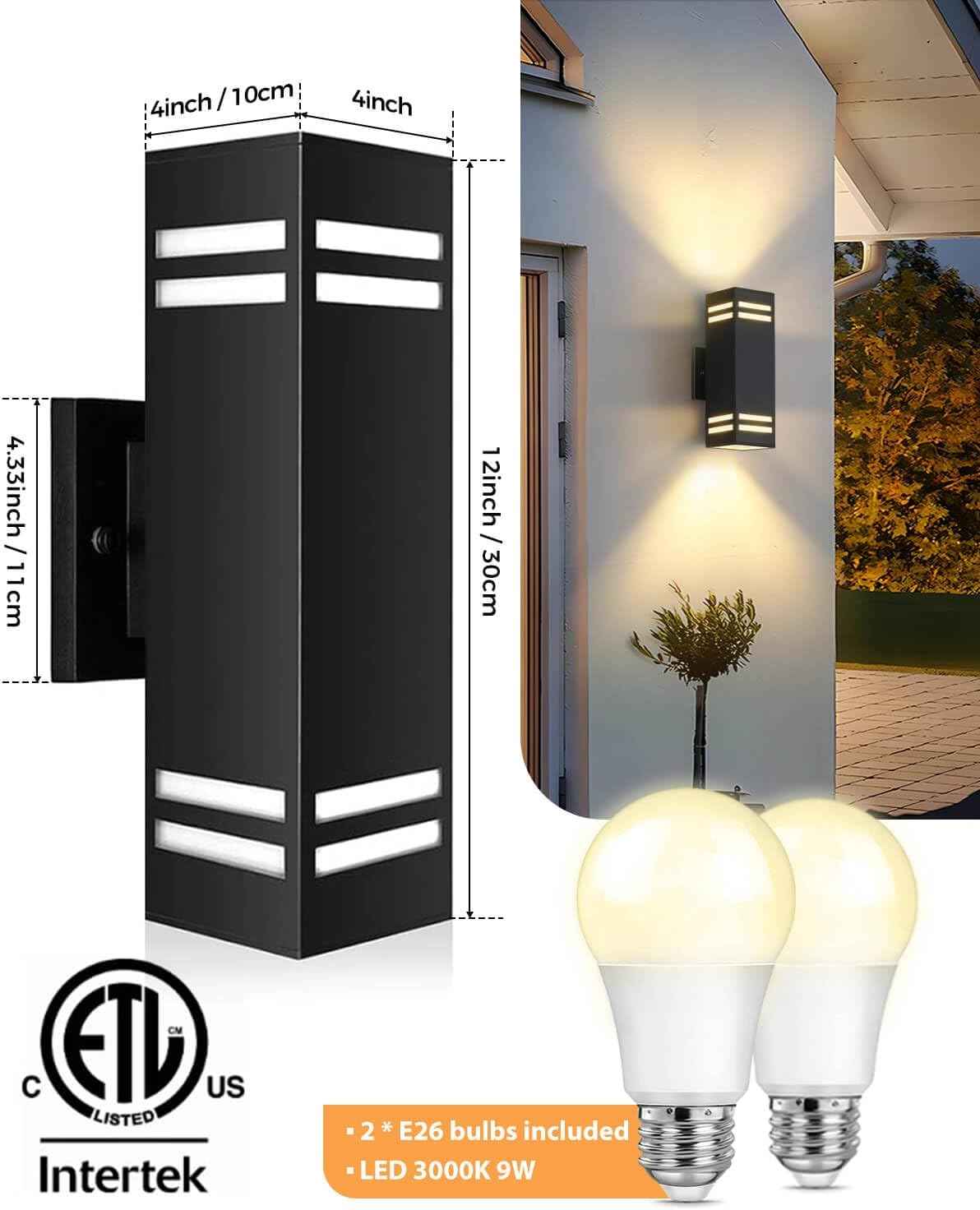 Modern Outdoor Wall Lights - Dusk to Dawn Square Matte Black Sconce with Bulbs, Aluminum Anti-Rust Up & Down Lighting for Porch & Garage
