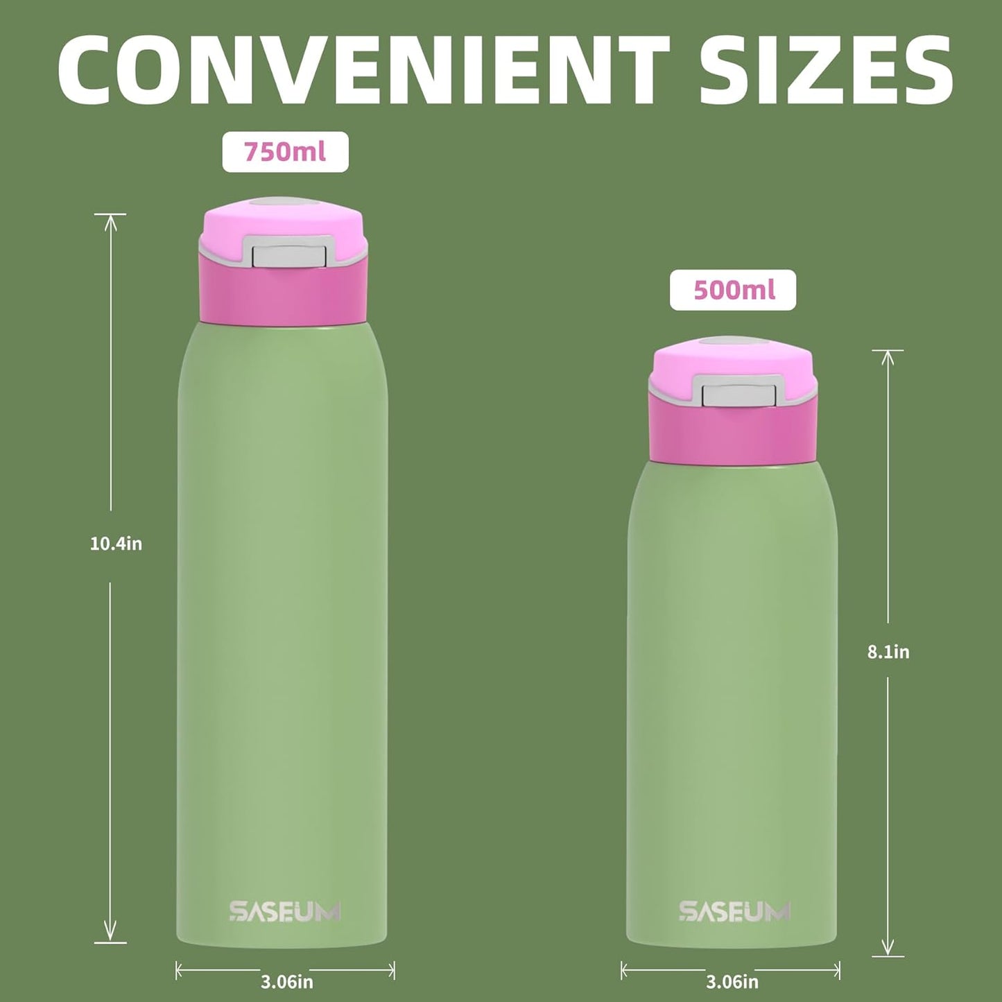 Saseum Water Bottle with Straw, 24 oz Free-Sip Double-Wall Vacuum Insulated Stainless Steel Bottle, One-Click Open Design with Soft Silicone Spout, BPA-Free, Ideal for School, Sports & Travel
